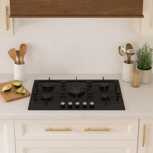 Avelis 90cm 5 Burner Black Glass Gas Hob With Central Wok Burner
