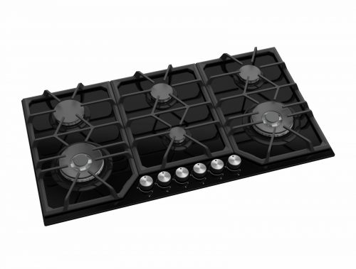 Avelis 90cm 6 Burner Black Glass Gas Hob With 2 Dual Wok Burners