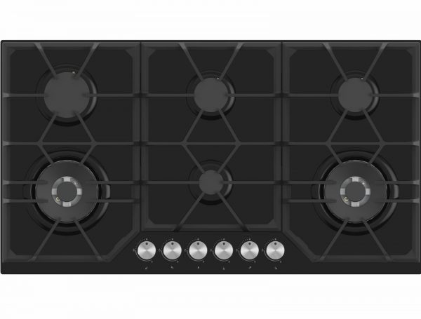 vp-h906bl-top-down.jpg Avelis 90cm 6 Burner Black Glass Gas Hob With 2 Dual Wok Burners