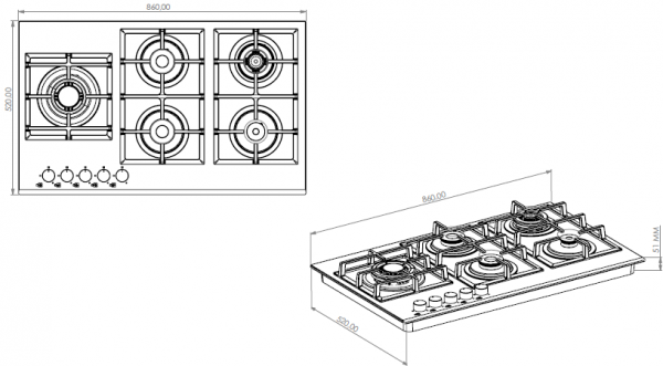 Avelis 90cm Gas on Glass Built-In Hob – 5 Burner with Dual Wok Power