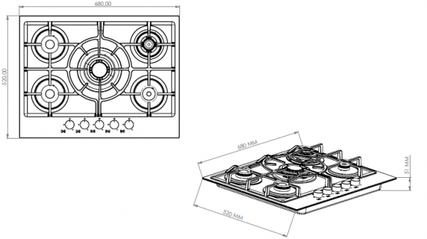 Avelis 70cm Gas on Glass Built-In Hob – 5 Burner with Dual Wok Power