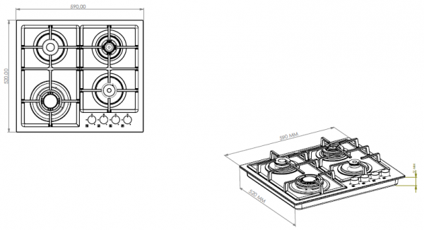 Avelis 60cm Gas on Glass Built-In Hob – 4 Burner with Dual Wok Power