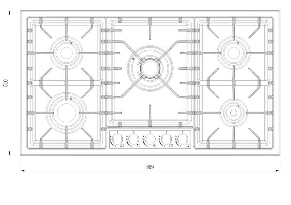 Avelis 90cm 5 Burner Stainless Steel Gas Hob - Central Wok Burner - A91CENTRAL-SS