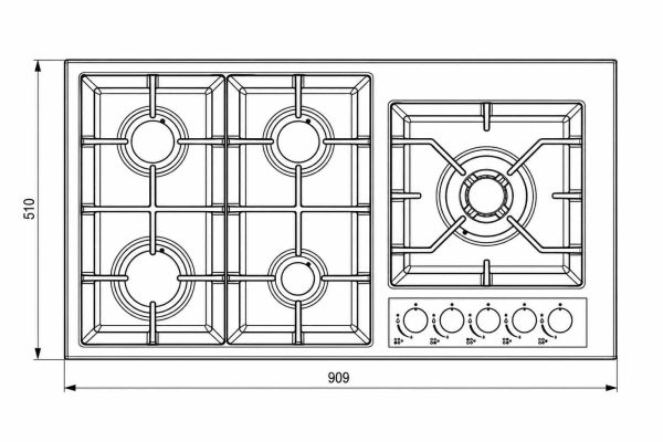 Avelis 90cm 5 Burner Stainless Steel Gas Hob - Right Wok Burner - AA91RIGHT-SS